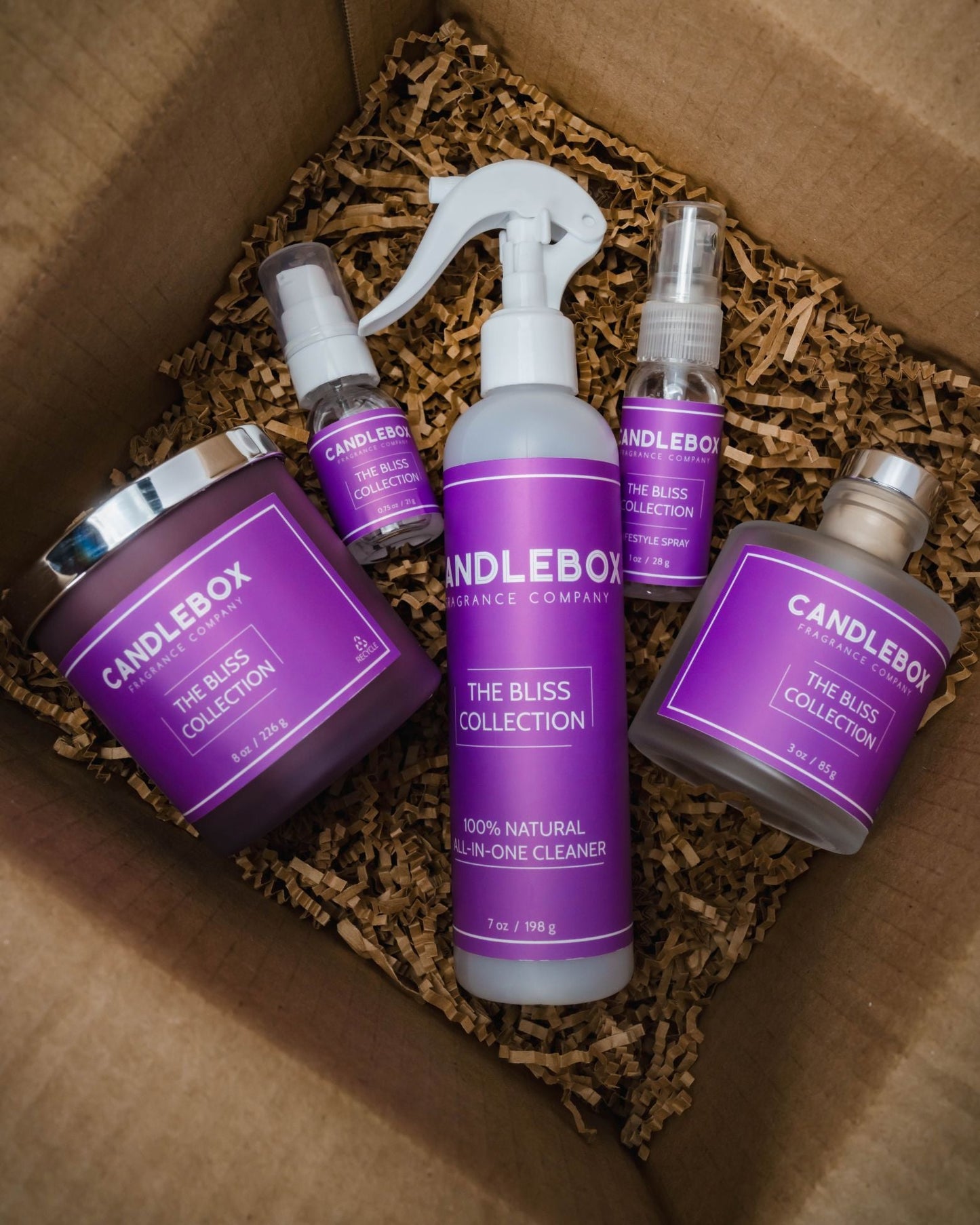 GIFTBOX set with purple-labeled Candlebox Bliss Collection natural cleaning and fragrance products in shredded paper packaging