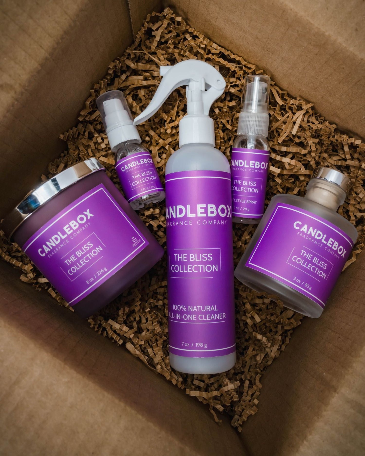 GIFTBOX set with purple-labeled Candlebox Bliss Collection natural cleaning and fragrance products in shredded paper packaging