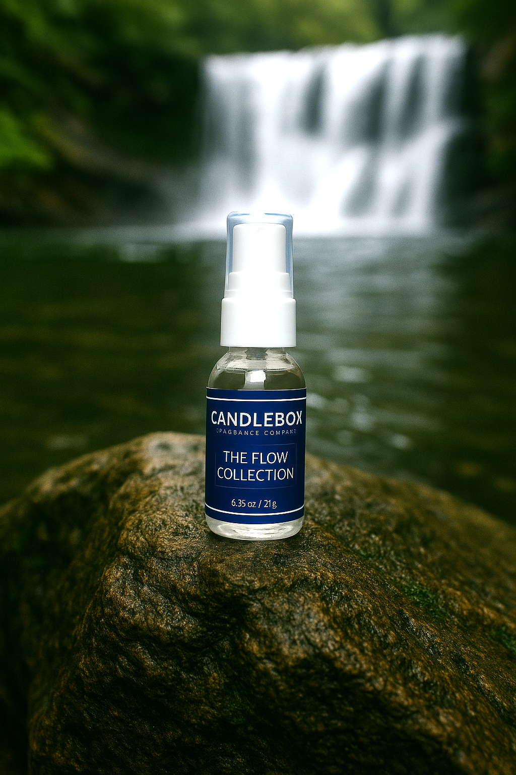 Flow Hand Sanitizer bottle from The Flow Collection placed on rock with waterfall background