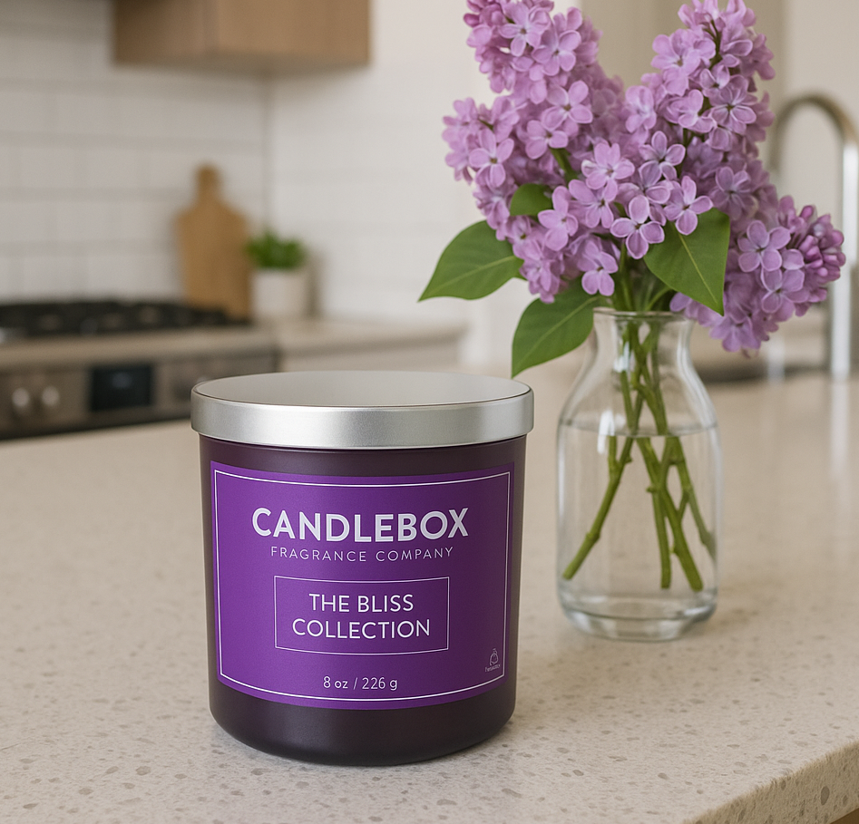 Bliss Candle from Candlebox in purple jar with silver lid next to lilac flowers in a glass vase on kitchen countertop
