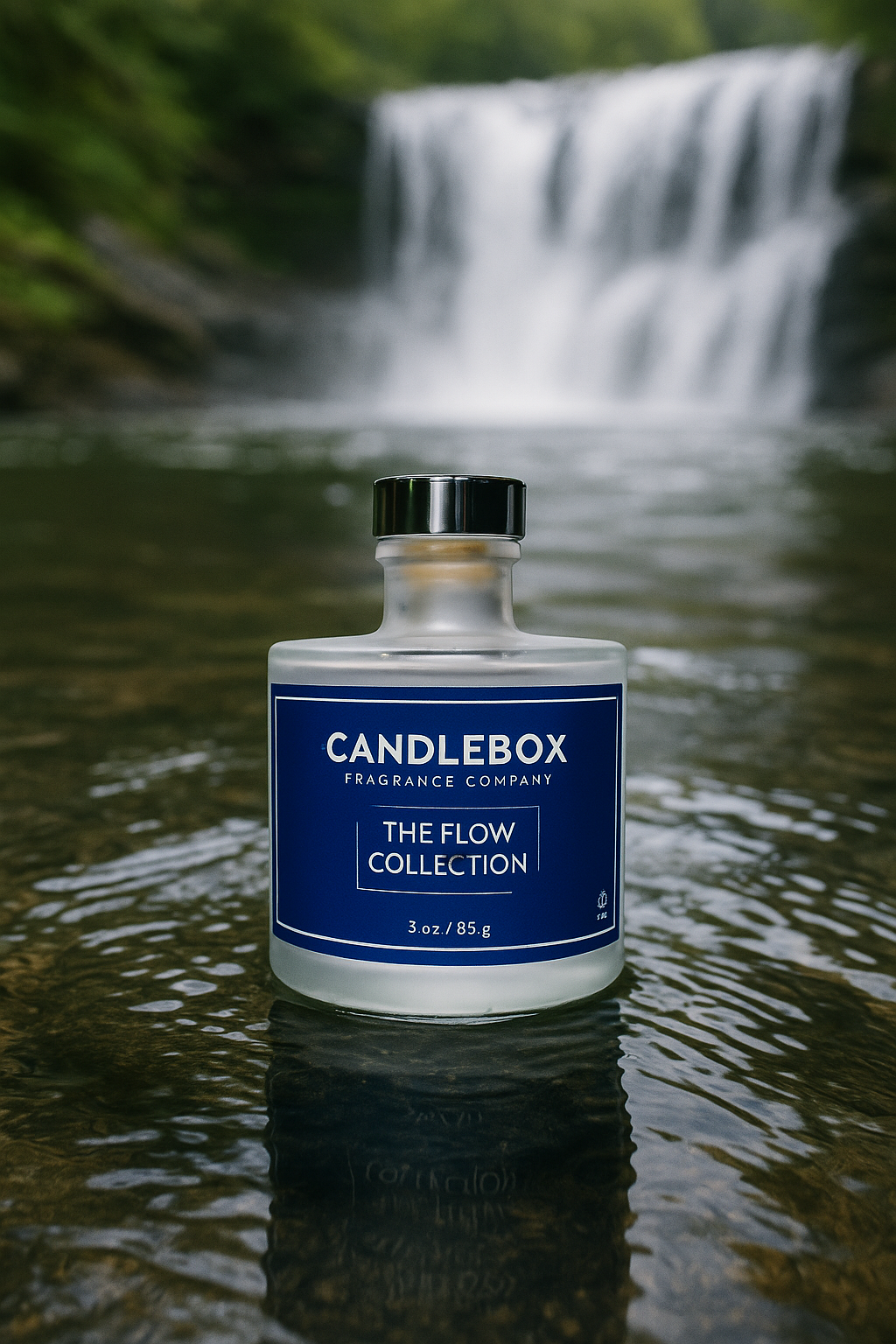 Flow Diffuser by Candlebox Fragrance Company from The Flow Collection placed in natural water setting near a waterfall