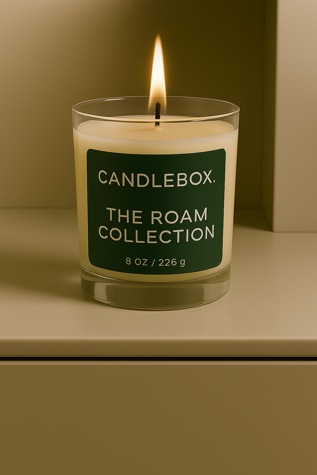 ROAM Candle from the Roam Collection lit on a shelf.
