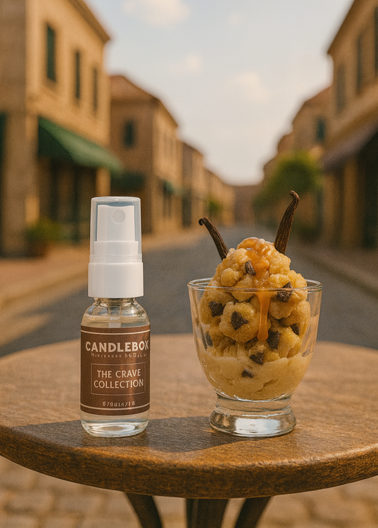 CRAVE Hand Sanitizer spray bottle on outdoor table next to dessert cup with vanilla ice cream and chocolate chips in street setting