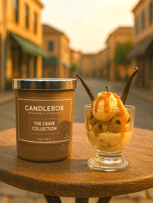 Crave Candle from Candlebox Crave Collection with dessert and vanilla beans on wooden table outdoors
