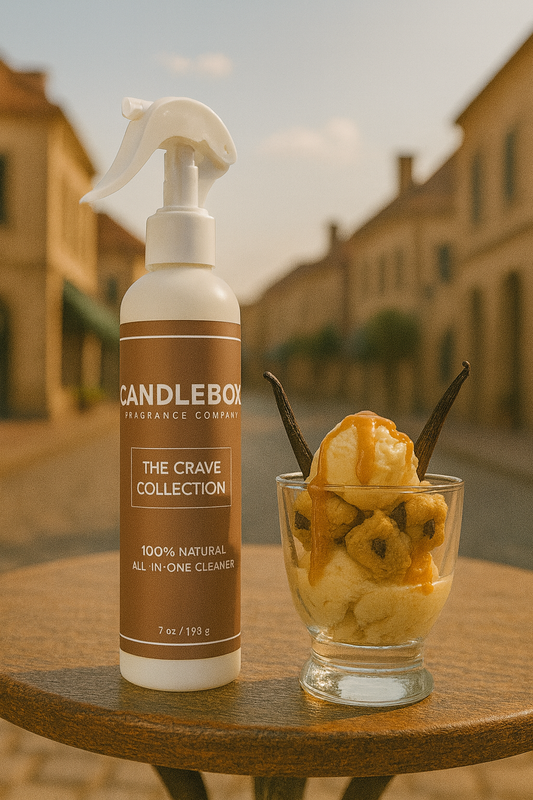 Crave All-in-One Cleaner spray bottle from Candlebox The Crave Collection beside a dessert glass on wooden table outdoors