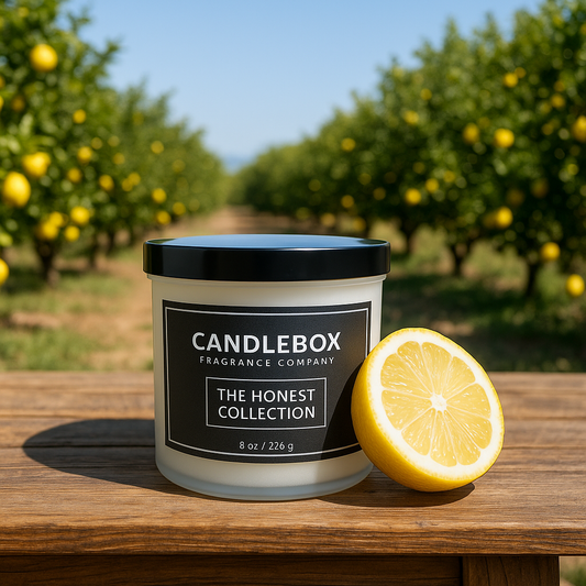 Honest Candle by Candlebox with lemon slice on wooden surface in lemon orchard background