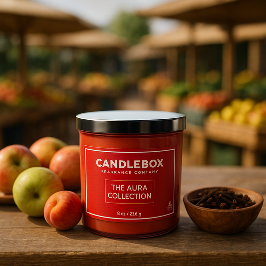Red AURA Candle from Candlebox with a black lid, surrounded by apples and cloves on a wooden table outdoors.