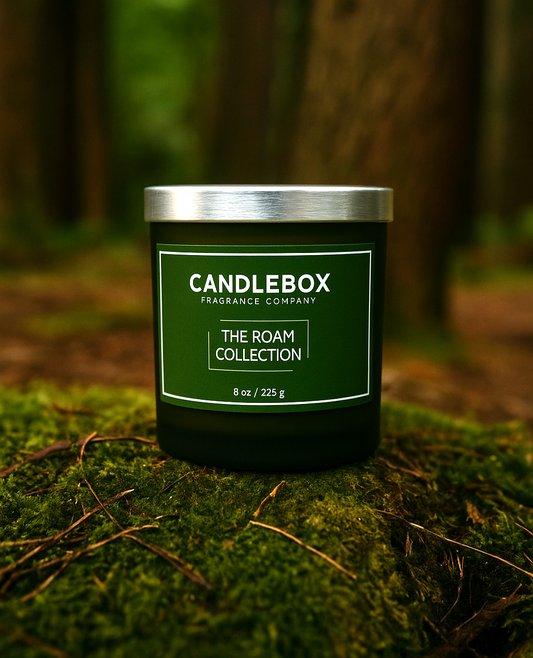 Roam Candle by Candlebox in green jar with silver lid on mossy forest ground