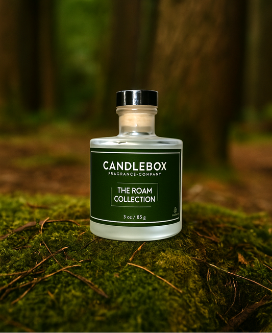 ROAM Diffuser glass bottle from Candlebox on green forest moss background