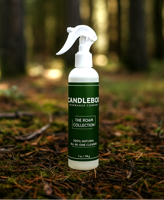 Roam All-in-One Cleaner spray bottle from Candlebox placed outdoors on forest ground