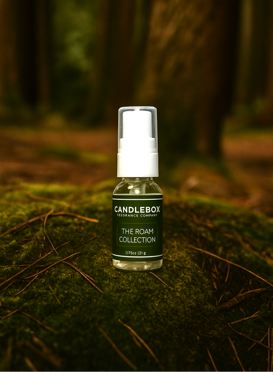 ROAM Hand Sanitizer bottle from Candlebox placed on mossy forest ground