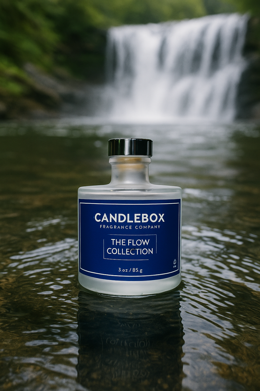 Flow Diffuser by Candlebox Fragrance Company from The Flow Collection placed in natural water setting near a waterfall