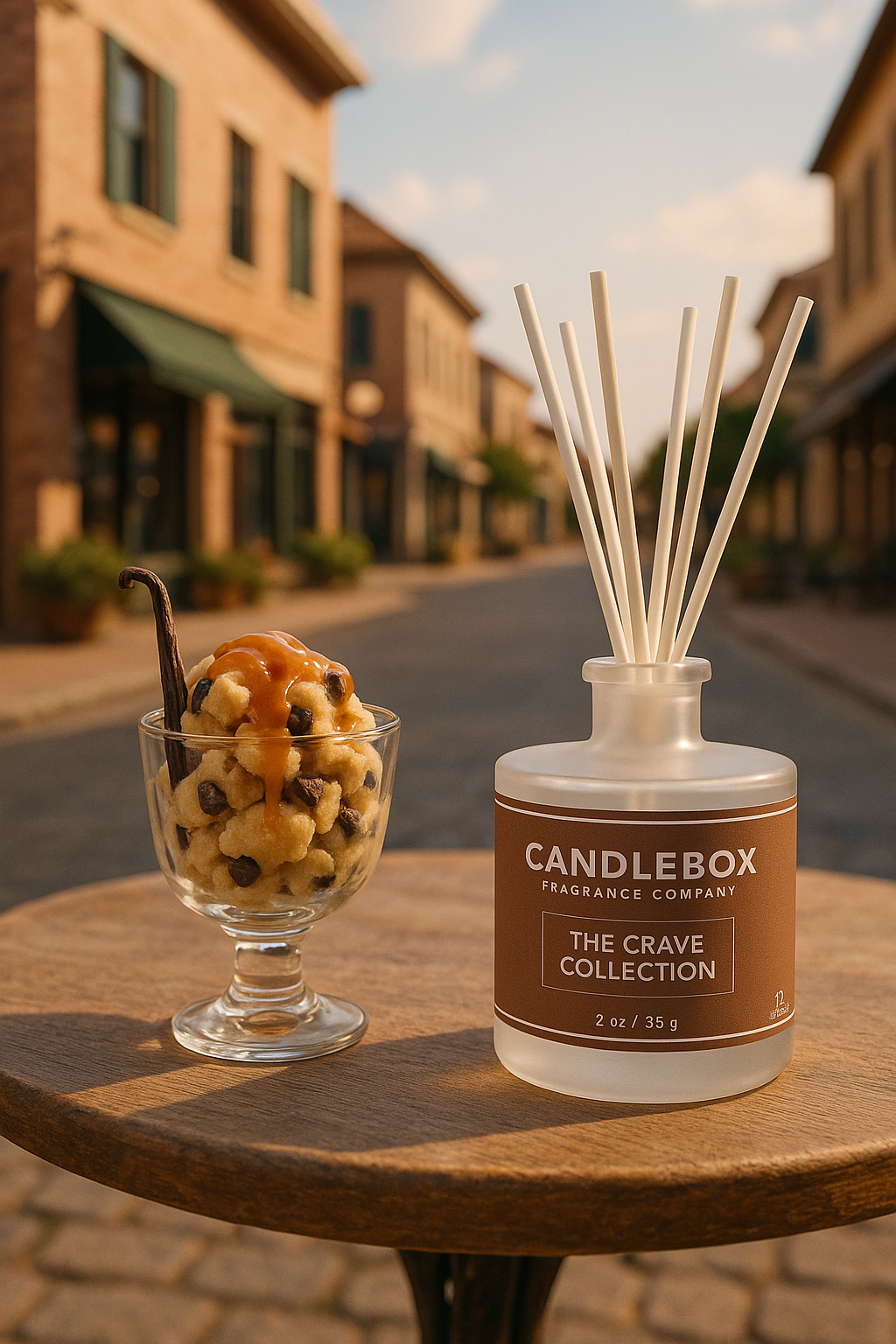 CRAVE Diffuser from Candlebox fragrance company with scent sticks displayed outdoors next to a dessert glass on a wooden table