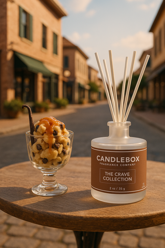 CRAVE Diffuser from Candlebox fragrance company with scent sticks displayed outdoors next to a dessert glass on a wooden table
