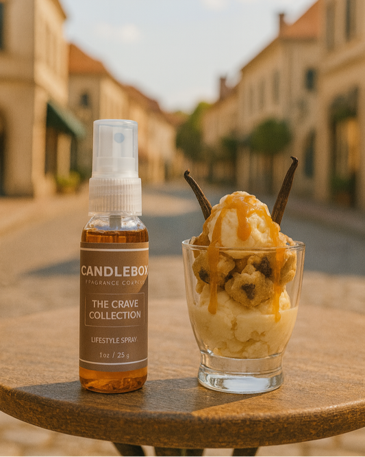 CRAVE Lifestyle Spray bottle next to caramel-drizzled dessert on outdoor table in street setting