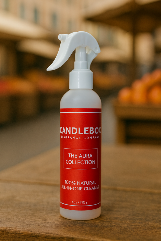 Aura All-in-One Cleaner spray bottle with red label on wooden surface