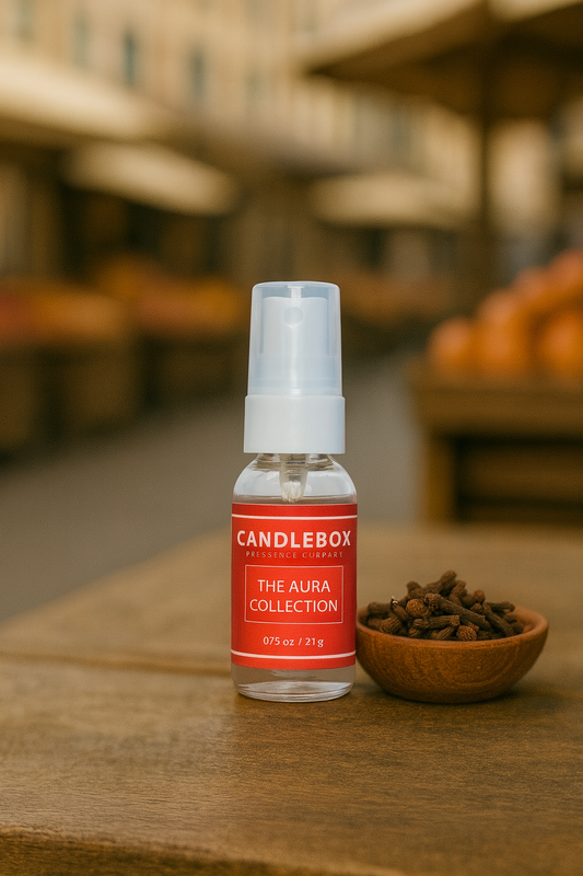 Small spray bottle of AURA Hand Sanitizer from Candlebox on wooden table with cloves in small bowl nearby