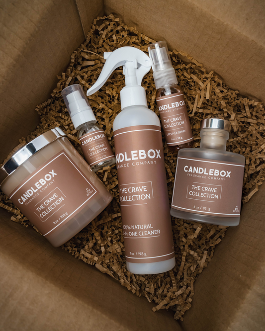 CRAVE Candlebox collection with creamy vanilla and caramel fragrance products in gift box
