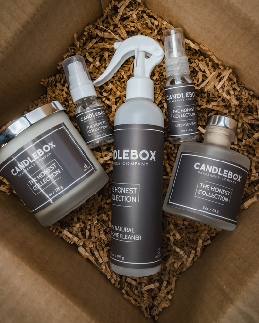 HONEST Candlebox set with lemon, verbena, and eucalyptus scented candles and sprays in a gift box