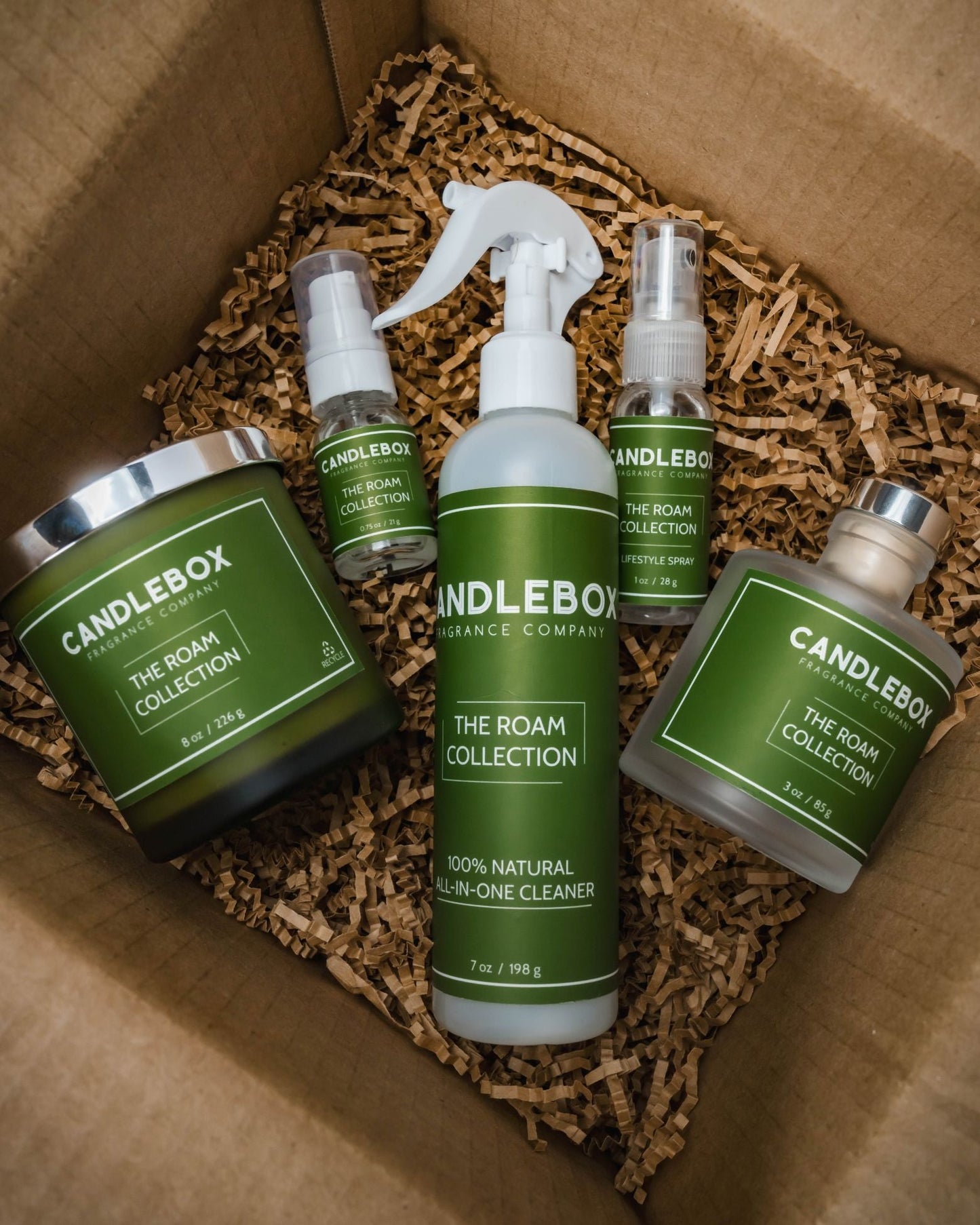 Monthly Candlebox subscription box featuring The Roam Collection natural candle and cleaning products